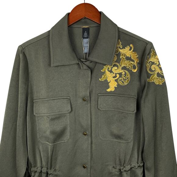 New Chicos Black Label Jacket Shacket Green Military Applique Women's 2 L 12 - Picture 2 of 10